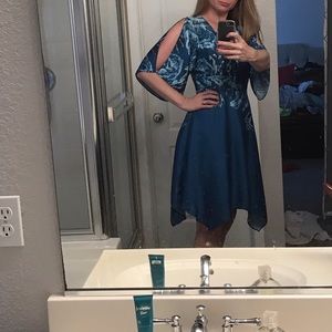 Floral, teal, silk like cold shoulder dress